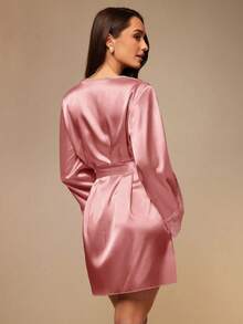 French Style Premium Faux Silk Satin Robe For Women, V-Neck Long Sleeve Tie Waist Short Morning Robe, Sexy Loungewear - Pink - View 2