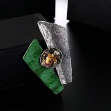 1pc Abstract Geometric Brooch, Gold & Silver Tone Metal With Natural Stone Accents, Artistic Statement Pin For Women's Coats, Dresses & Scarves - A - View 9