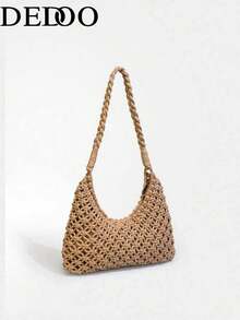 Tas Selempang Pantai Anyaman Tangan Kapasitas Besar Serbaguna untuk Musim Panas dan Kasual - Khaki - View 3