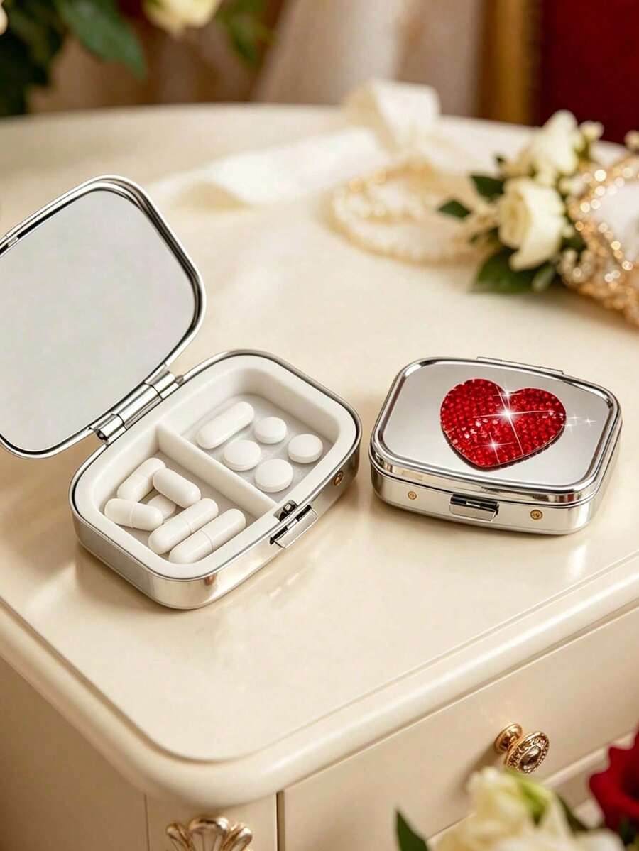 Shiny Rhinestone Pill Box, Fashion Heart-Shaped Rhinestone Pill Box, Mini Compartment Pill Box, Travel Pill Box Container, Suitable For Vitamins, Supplements And Other Small Items, Perfect For Daily/Outdoor/Travel - Multicolor - View 1