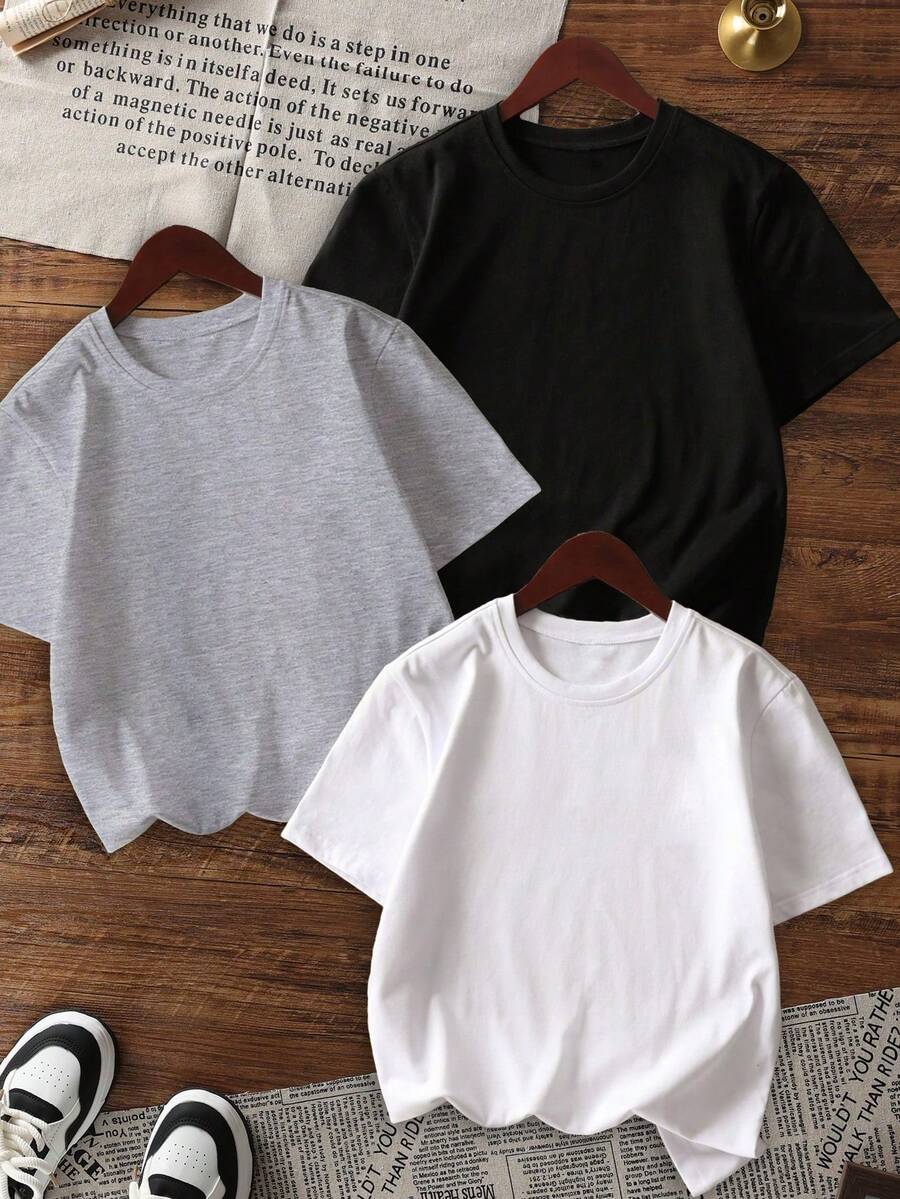 Set Of 3 Women's Short-Sleeved, Crew-Neck T-Shirts In Solid Colors, Suitable For Everyday Wear. Includes A White T-Shirt, A Black T-Shirt, And A Pink T-Shirt. - 彩色 - 查看 1