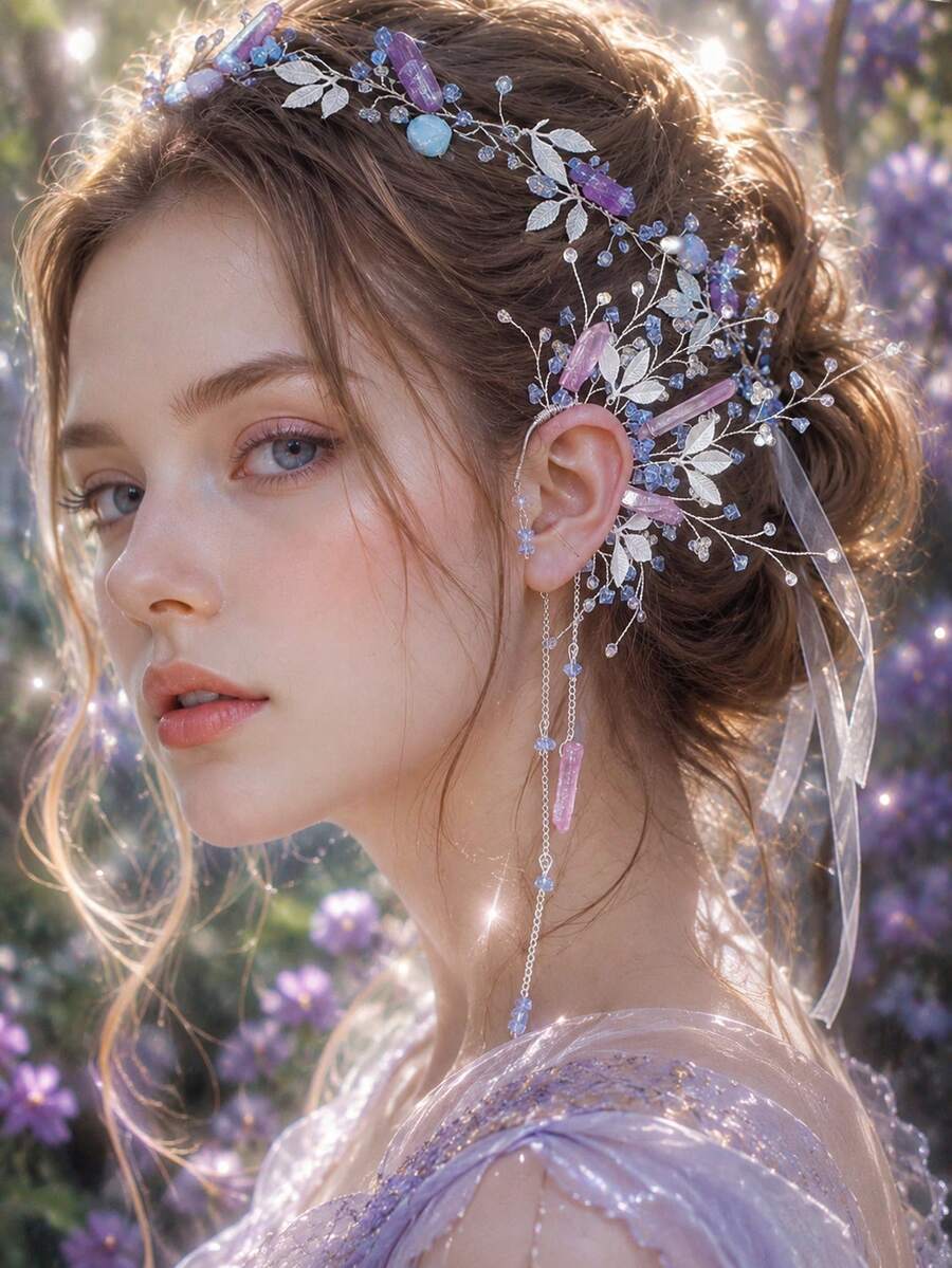 森林仙女幻彩水晶 3 件組,髮箍、手鍊、耳夾套組,婚禮派對拍照道具,仙女 Cosplay 服裝配件 - 彩色 - 查看 1