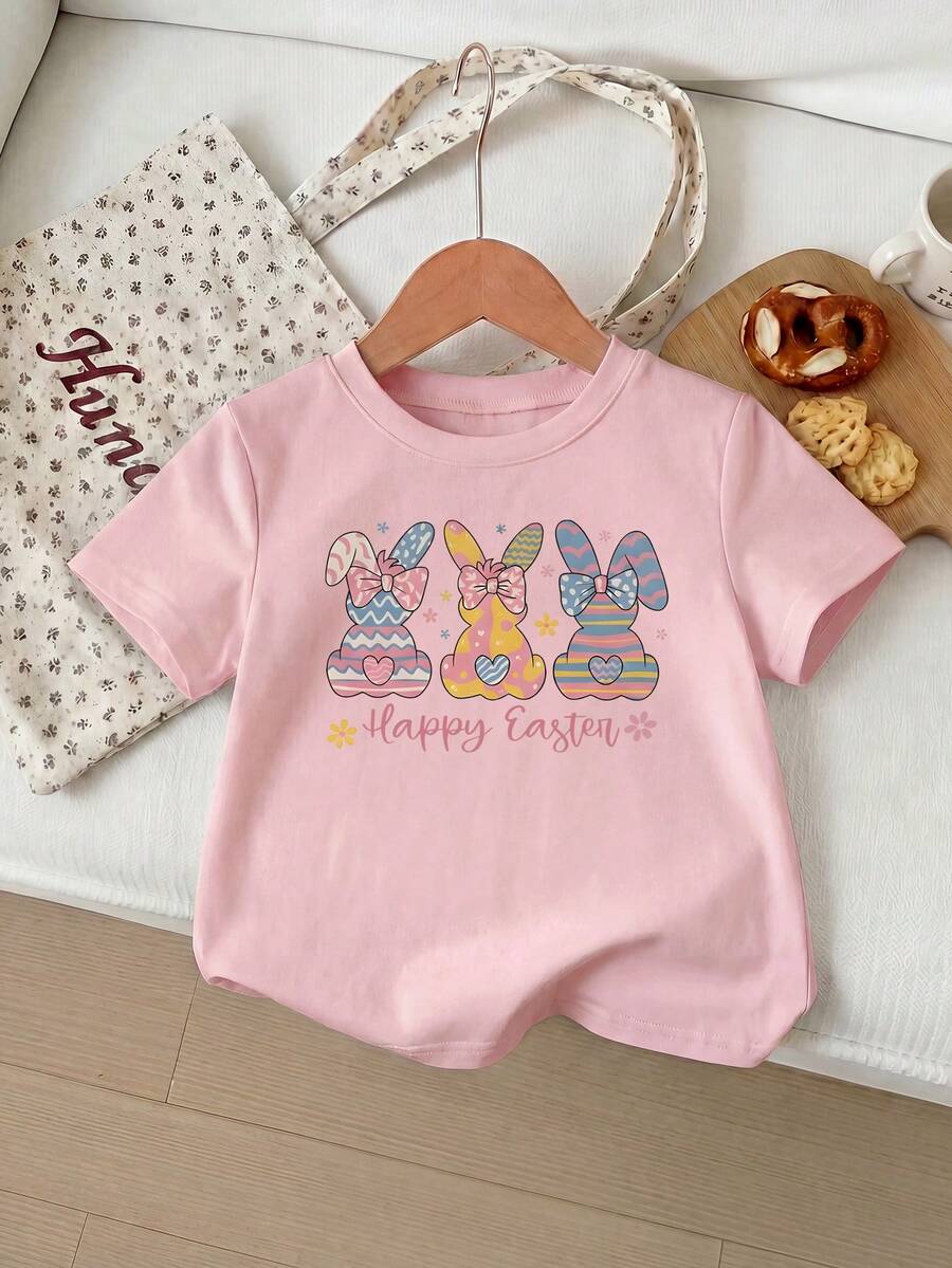 Blusa casual de verano para niñas con manga corta, estampado de conejo de dibujos animados, rayas de colores, estilo preppy lindo y sencillo - Rosa - Ver 1