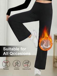 Women's Solid Color High Waist Fleece Lined Wide Leg Pants, Designed For Autumn/Winter Warmth, Casual Style, Suitable For Outdoor Wear - Black - View 5