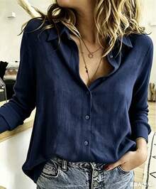 Women's Viscose Linen Shirt With Long Sleeves - Navy Blue - View 1