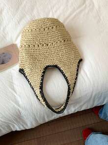 Tas Anyaman Jerami Ringan Bergaya, Desain Minimalis, Tas Pantai Multifungsi untuk Liburan, Kapasitas Besar Cocok untuk Perjalanan dan Liburan - Krem - View 7