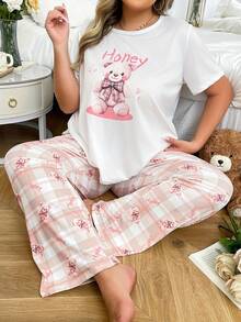 Plus Size Casual Comfortable Cartoon Print Short Sleeve Top And Plaid Print Long Pants Women's Loungewear 2 Pieces Pajama Set - White - View 4