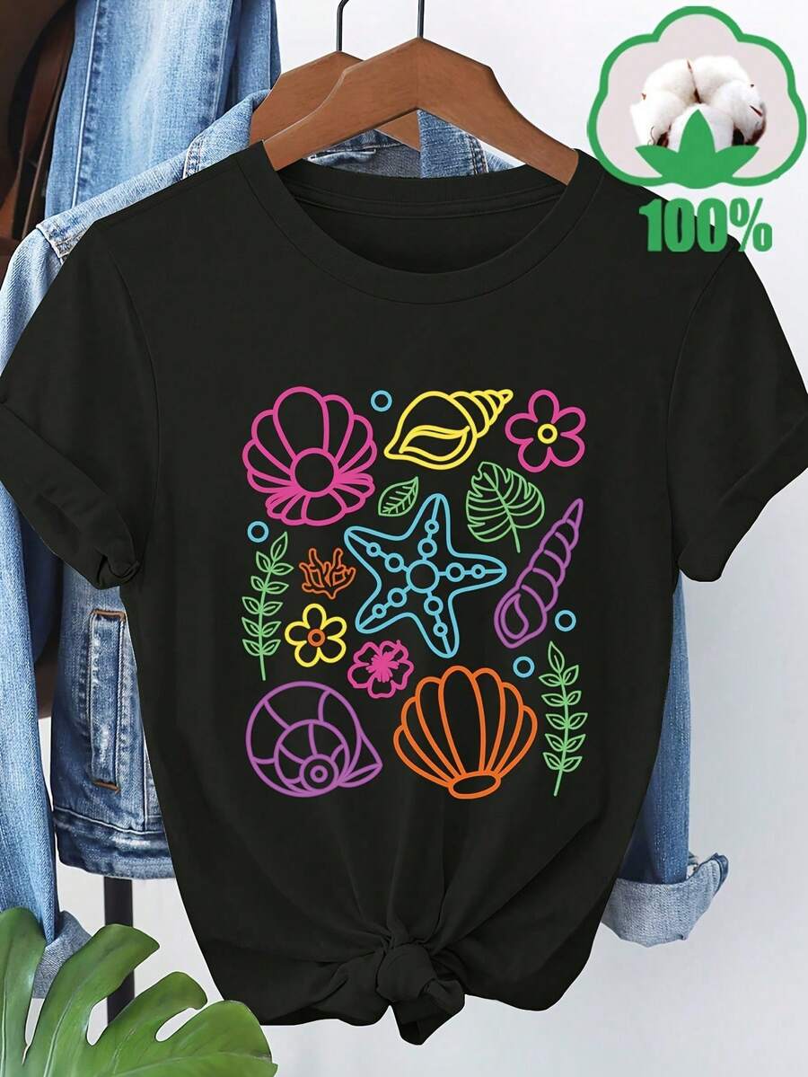 Unisex Cotton Crew Neck T-Shirt, Chic Graphic Short Sleeve Top, Soft Breathable Casual Summer Tee For Men And Women - 02-noir - View 1