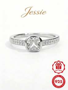 1 pieza Anillo de diseño de piedra cuadrada principal con incrustaciones de doble capa de circonita cúbica de plata esterlina 925 clásica brillante personalizada, regalo ideal para mujeres, adecuado para citas, fiestas y uso diario - Plateado - Ver 1