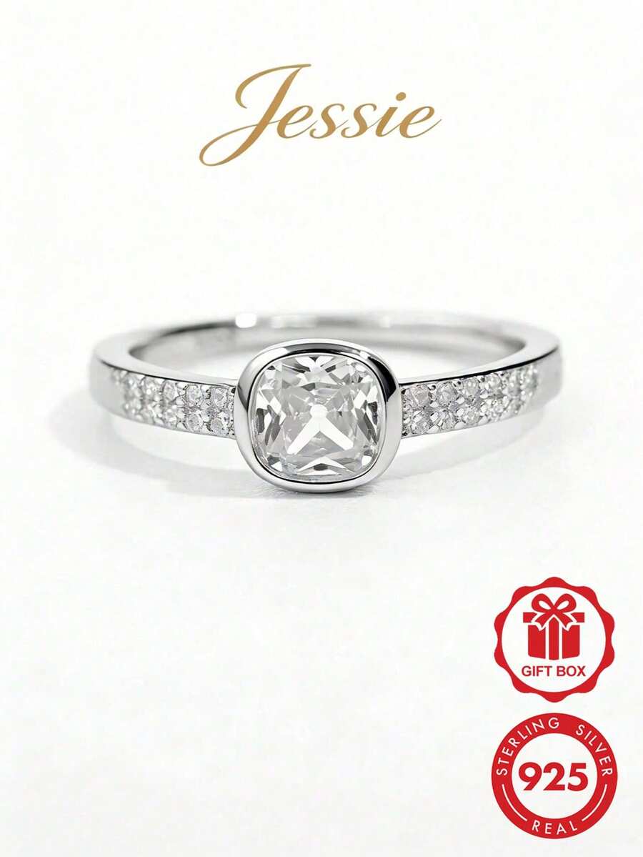 1 pieza Anillo de diseño de piedra cuadrada principal con incrustaciones de doble capa de circonita cúbica de plata esterlina 925 clásica brillante personalizada, regalo ideal para mujeres, adecuado para citas, fiestas y uso diario - Plateado - Ver 1