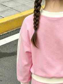 Young Girl Casual Minimalist Pink Mini Cartoon Pattern Colorblock Cream Apricot Striped Short Sleeve Crew Neck Long Sleeve And Pants Set - Pink - View 3