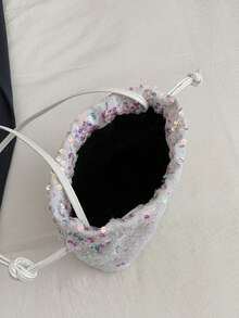 Women's Drawstring Mini Crossbody Bucket Bag, Quilted Pattern Daily Outdoor Bag - White - View 8