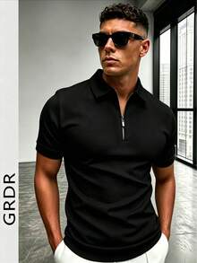GRDR Men's Summer Polo Collar Half Zip Short Sleeve Shirt, Suitable For Outdoor, Vacation And Casual Wear - Black - View 6