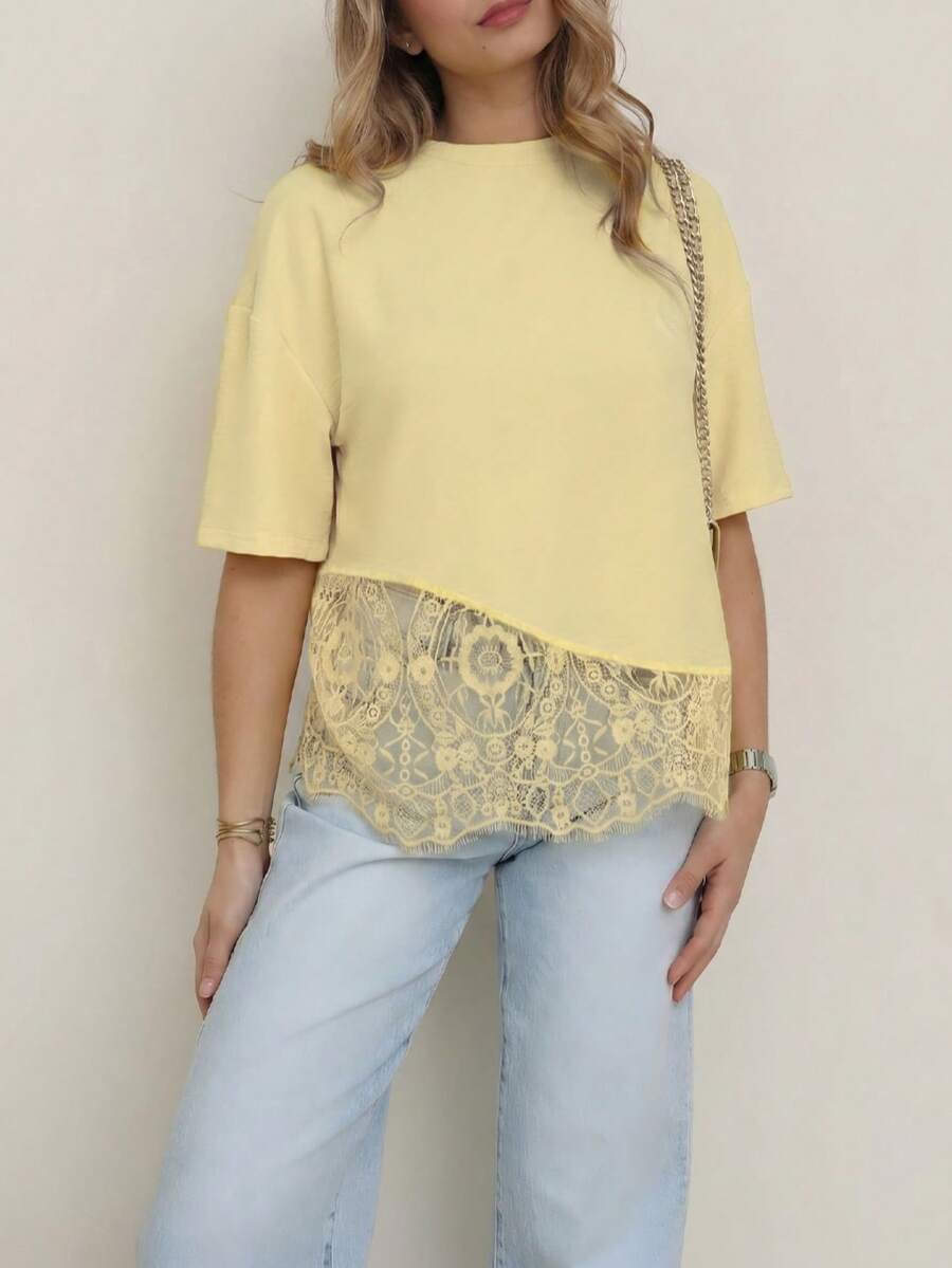 Spring New Solid Color Knit Fabric Lace Patchwork Short Sleeve T-Shirt, Casual, Sports, Office Wear For Spring/Summer - Yellow - View 1