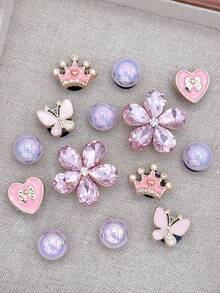 14pcs DIY Detachable Garden Shoe Charms, Pink Alloy Glass Rhinestone Flower, Heart, Crown, Butterfly Shoe Clips, Multi-Functional Shoe Accessories For Women's Sandals, Slippers, Beach Bags, Perfect For Holiday And Birthday Party Gifts - Pink - View 5