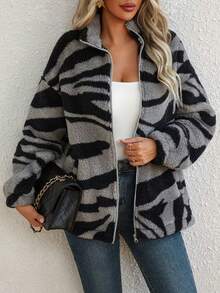 Women's Print Ultra-Thin Zip-Up Jacket, Striped All-Over Print, Casual Home Wear - Grey - View 9