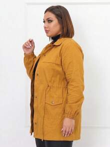 Plus Size Winter Jacket, Fitted Overcoat, Parka, Cold Weather Coat, Bengaline Fabric, Pockets, Buttons And Zipper. - Mustard - View 4
