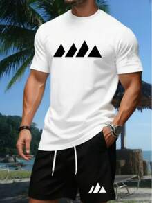2026 Summer New Arrival Cotton Washed  Soft WashedMen'S Casual Sports Set| 2026  Short-Sleeved T-Shirt And Shorts With Geometric Print| Crew Neck, Slight Stretch Fabric, Perfect For Summer And Daily Wear  Men's Casual Outfit, Cotton Sportswear Set - 白色 - 查看 1