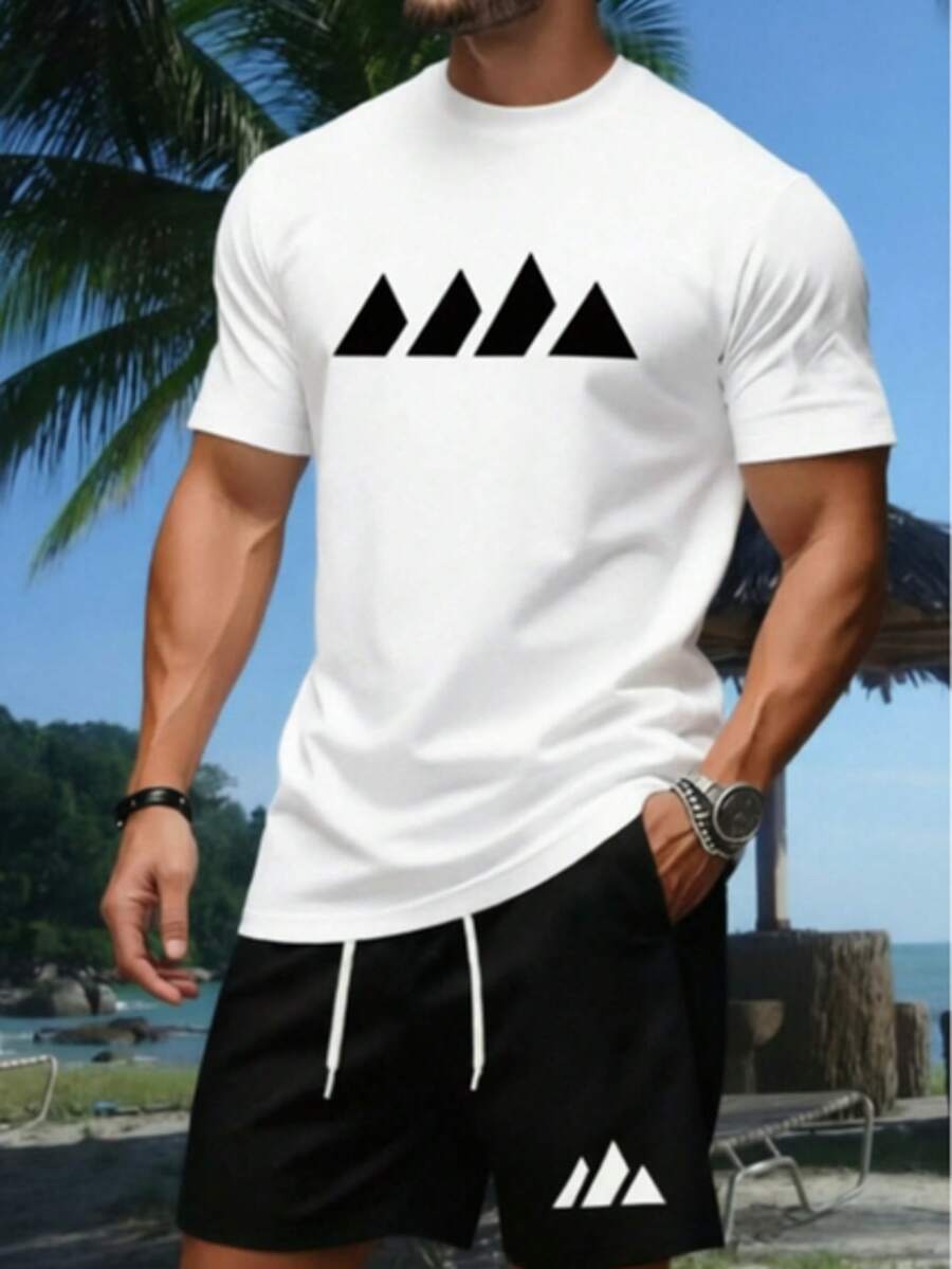 2026 Summer New Arrival Cotton Washed Soft WashedMen'S Casual Sports Set| 2026 Short-Sleeved T-Shirt And Shorts With Geometric Print| Crew Neck, Slight Stretch Fabric, Perfect For Summer And Daily Wear Men's Casual Outfit, Cotton Sportswear Set - 白色 - 查看 1