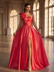 Sleeveless Women's Formal Evening Gown With Asymmetric Neckline, Ruched Bodice And Flared Skirt, Bold Thigh-High Slit, Red Wedding Party - Hot Pink - View 6