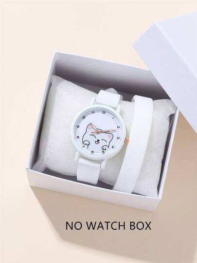 2pcs/Set Fashion Cat Digital Face Quartz Silicone Strap Student Watch + Bracelet