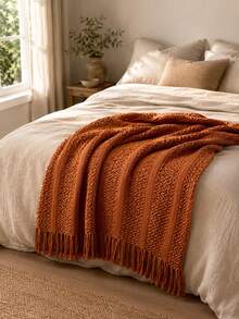 1pc Solid Color Knitted Blanket, Nordic Style Tassel Design Soft Blanket, Office Nap Blanket, Bed Throw, Sofa Blanket, Suitable For Daily Use - Caramelized Towel - View 4