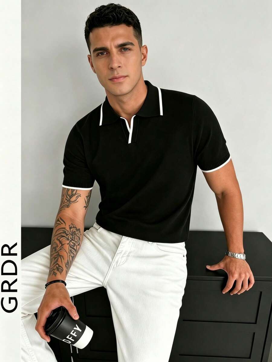 GRDR Men's Striped Casual Fashionable Versatile Knit Short Sleeve T-Shirt
