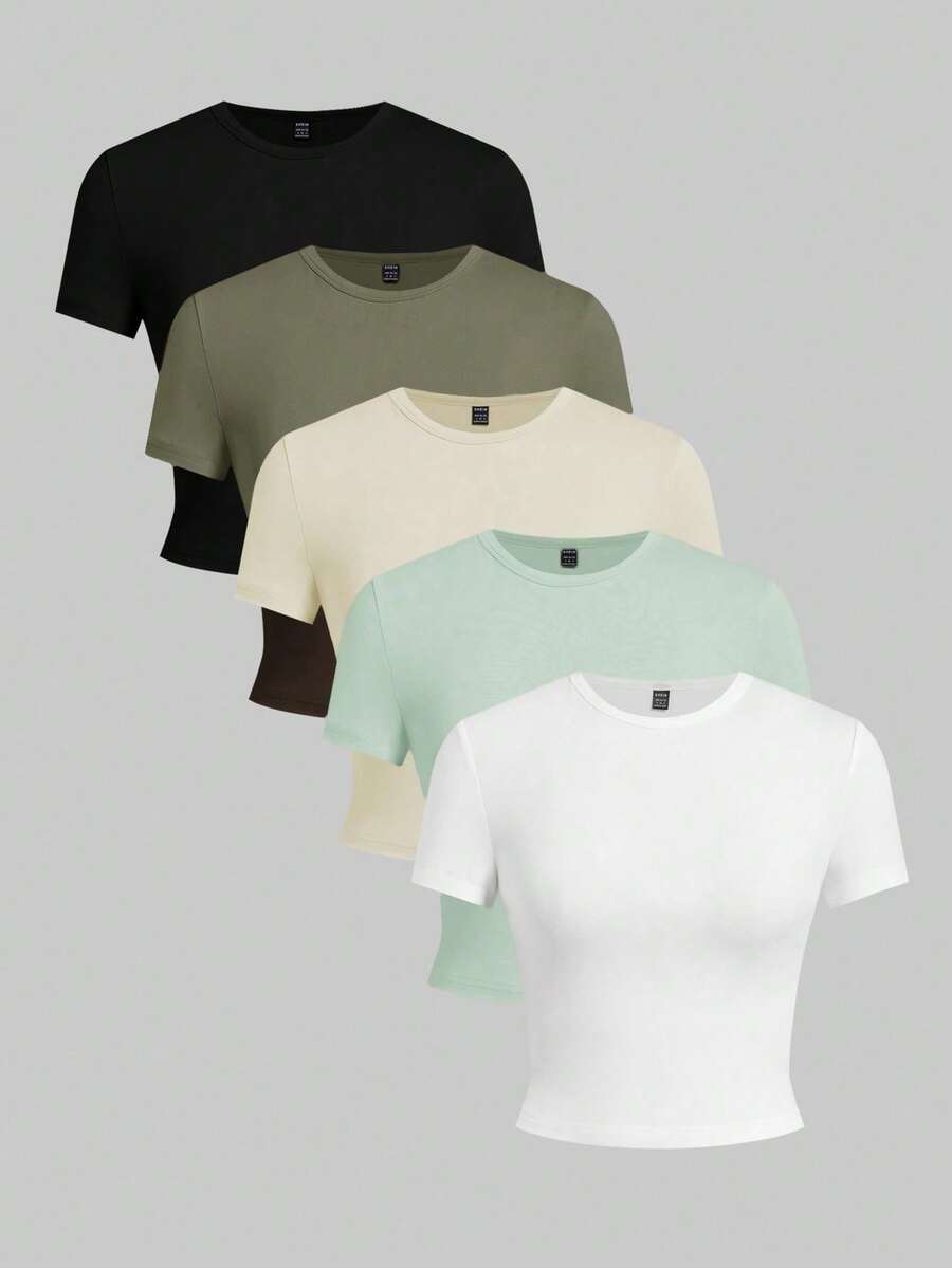 Set Of 5 Solid Color Fitted Tank Tops, Sleeveless - Green - View 1