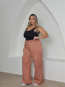 Plus Size Wide-Leg High-Waisted Pants With Cargo Pockets. - Rosa Oxidada - Ver 5