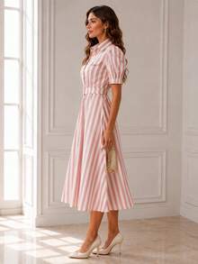Elegant Women's Midi Shirt Dress With Pink And White Stripes, Belt And Puff Sleeves, Perfect For Summer Outings And Casual Events. - 乾枯玫瑰色 - 查看 5