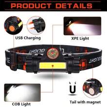 1 pieza Linterna frontal LED COB recargable magnética e impermeable para camping, pesca y minería al aire libre - lámpara de cabeza - Ver 10