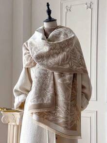 1pc Khaki Beige Vintage Floral Butterfly Premium Scarf For Women, Autumn/Winter Warm Office Air Conditioning Shawl, Dual-Use Long Outerwear Neck Warmer - Champagne - View 4