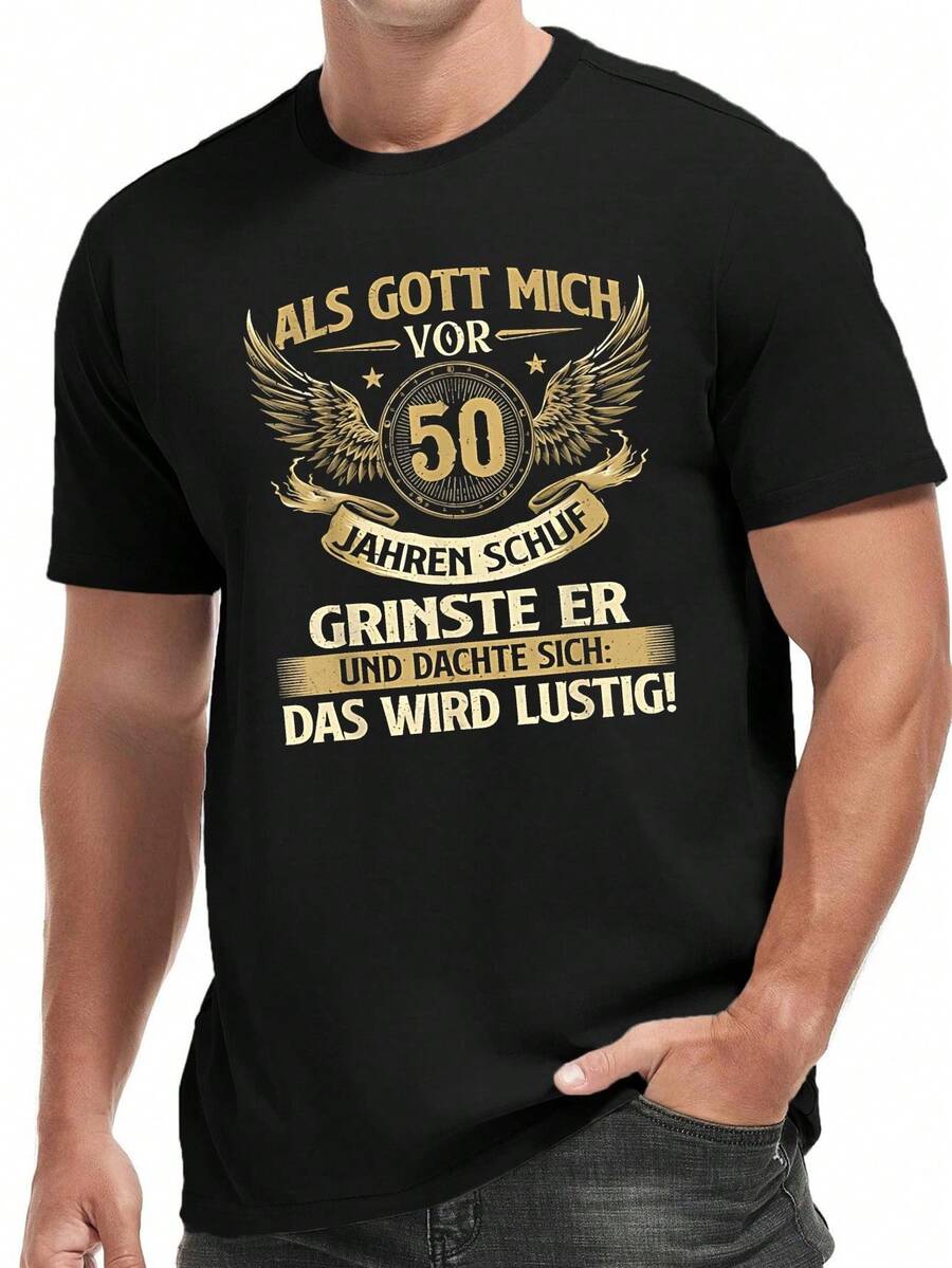 Men's Plus Size T Shirt,Printed"Lustig Als Gott Mich Vor 50"Words,Large Size. - 黑色 - 查看 1