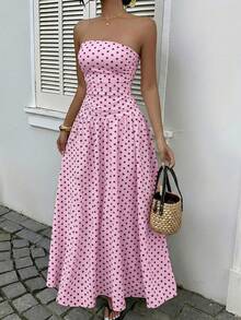 Vestido bandeau con cintura ceñida y estampado de lunares, estilo vacacional - Iron Gray - Ver 1