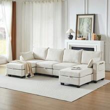 Modular Chenille Sofa, Corner Sofas For The Living Room, U-Shaped Corner Sofa With Storage Ottoman, 6-Seater Corner Sofas With Chaise Longue - 米色 - 查看 10