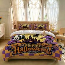 3-Piece Halloween Bedding Set (1 Duvet Cover + 2 Pillowcases), Featuring Halloween-Themed Design. Bedding Is Soft And Comfortable, Made With High-Definition Digital Printing Technology. Patterns Include Castles And Pumpkin Designs. No Fillers Included. Perfect For Bedroom, Dorm (Unisex) And Travel Use. - 4129+SJT+W - View 9