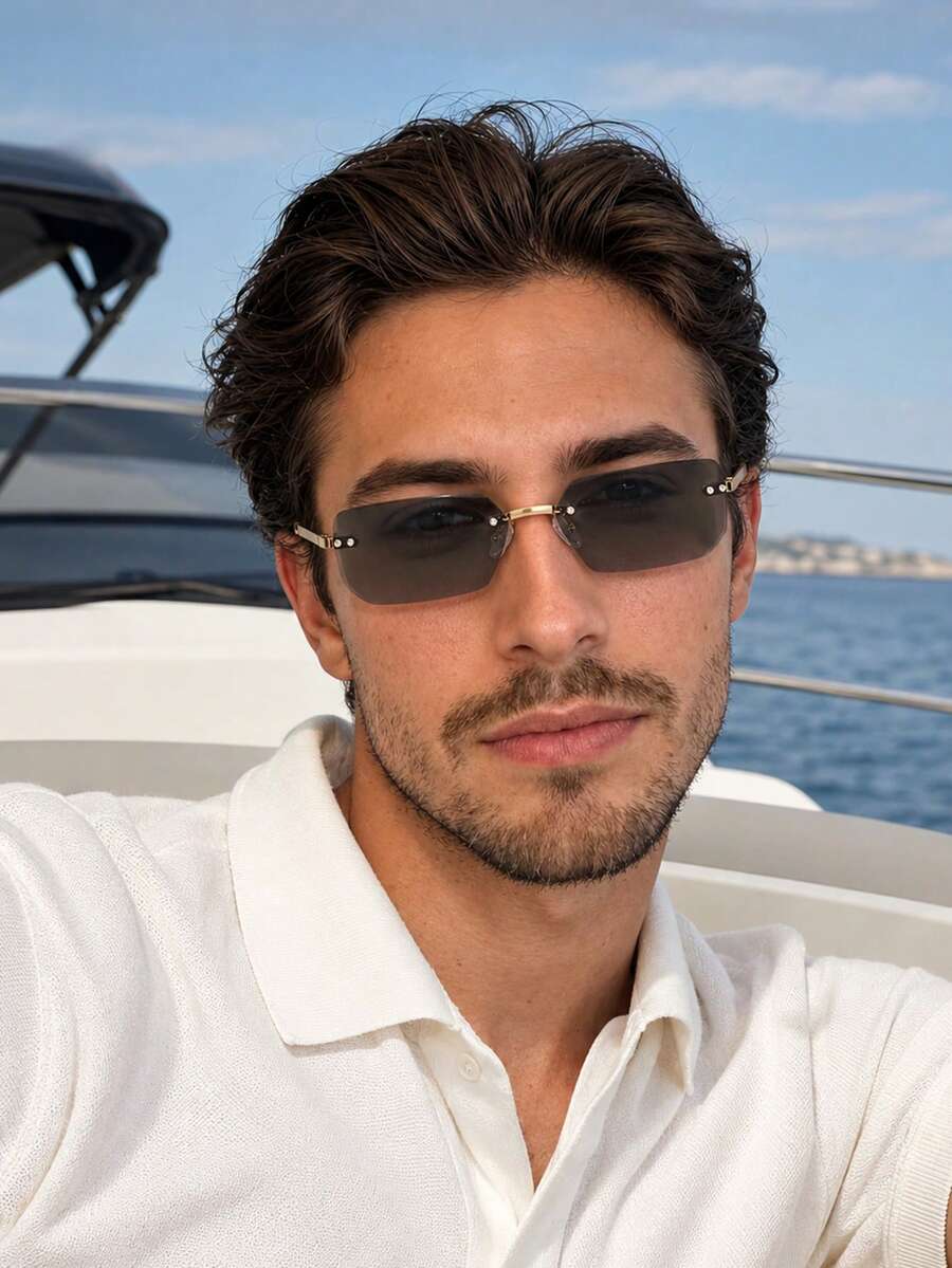 Men's Rimless Rectangular Sunglasses, Gold & Gray Color, Metal Bridge Nose Pad Design, Dark Lenses, Yacht Beach Vacation Travel Street Style Accessory - Multicolor - View 1
