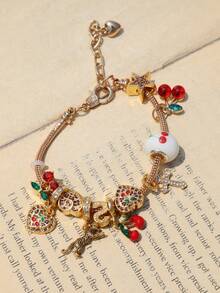 1pc Cute Red Cherry Charm Bracelet, Leopard Print Star Girl Bracelet, Black 8 Ball Dark Bracelet, Cross Star Bracelet, Punk Music Festival Bracelet - Gold - View 9