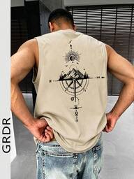 GRDR Camiseta de tirantes de hombre de verano casual con estampado de brújula y montaña de cuello redondo