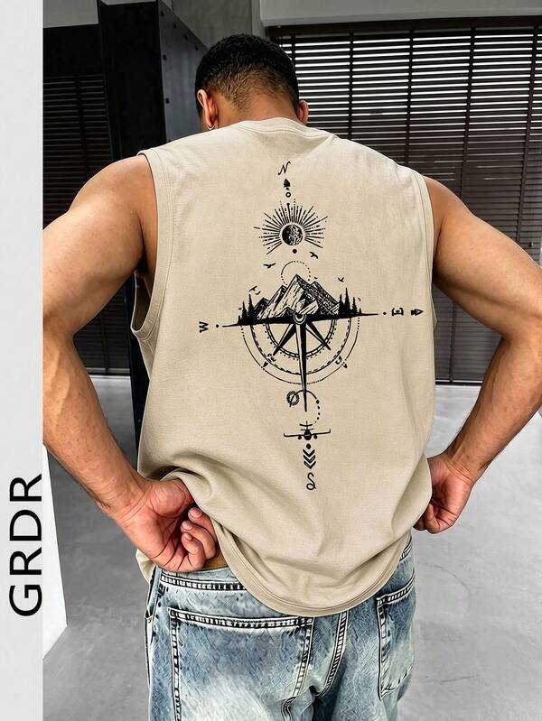  GRDR Men's Summer Casual Compass & Mountain Print Round Neck Tank Top
