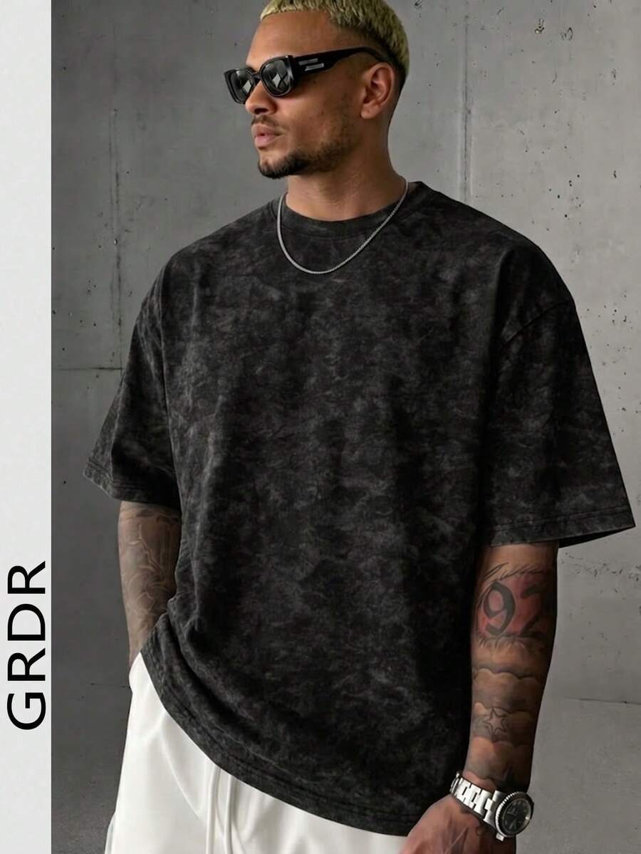 GRDR Men's Solid Color Washed Short Sleeve T-Shirt, Comfortable And Breathable For Summer Wear - Black - View 1