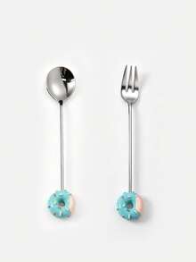 2pcs Stainless Steel Donut Spoon & Fork Set Dessert Spoon Coffee Spoon Fruit Fork Tableware - Multicolor - View 13