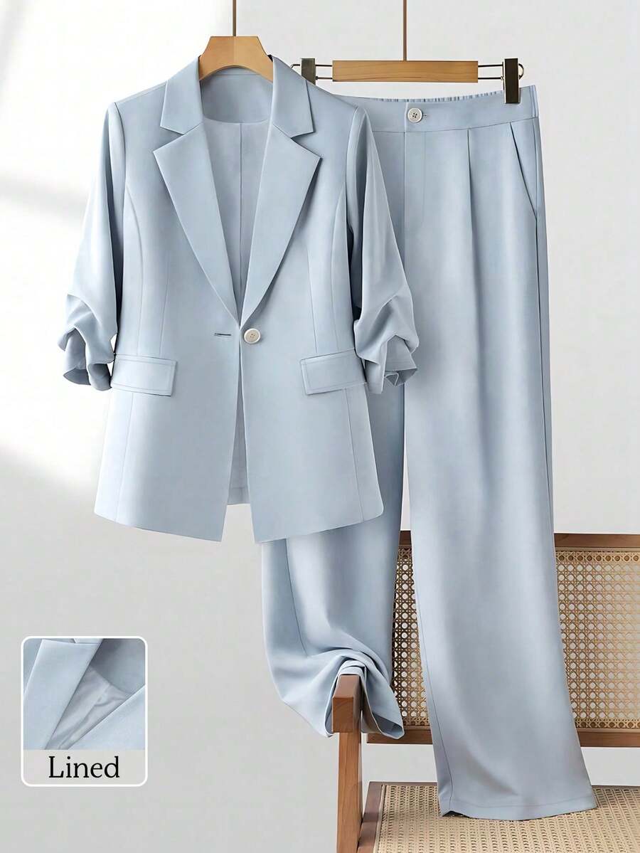 Conjunto de blazer de manga 3/4 con diseño plisado y pantalón de pierna ancha, para mujer, para primavera/verano - Celeste - Ver 1