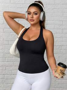 Plus Size Halter Seamless Tank Top, Backless Ribbed Crop Cami For Fall Workout, Gym & Daily Casual Wear - Black - View 3
