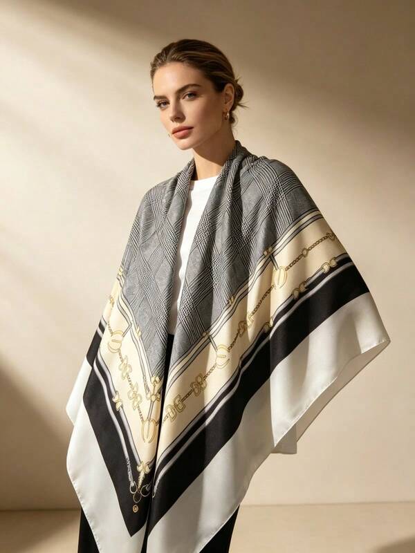 Moemton Grey Plaid Equestrian Silk Scarf, Quiet Luxury Style Shawl, Modern Wardrobe Essential