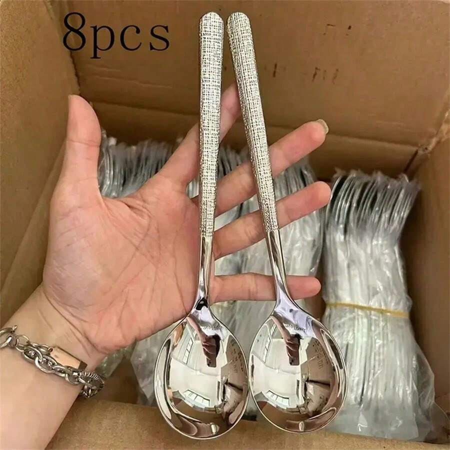 8/16/24pcs Set Elegant Stainless Steel Hammered Round Tip Spoons - Perfect For Soup, Rice And Desserts - Durable Kitchen And Dining Tableware, Soup Spoons - Silver - View 1