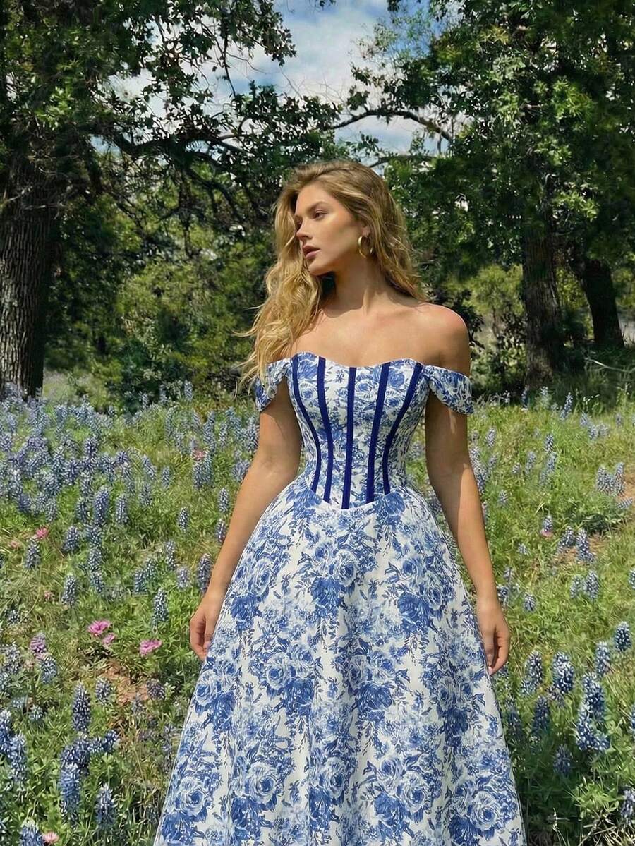Women Midi Dresses - Blue and White - View 1