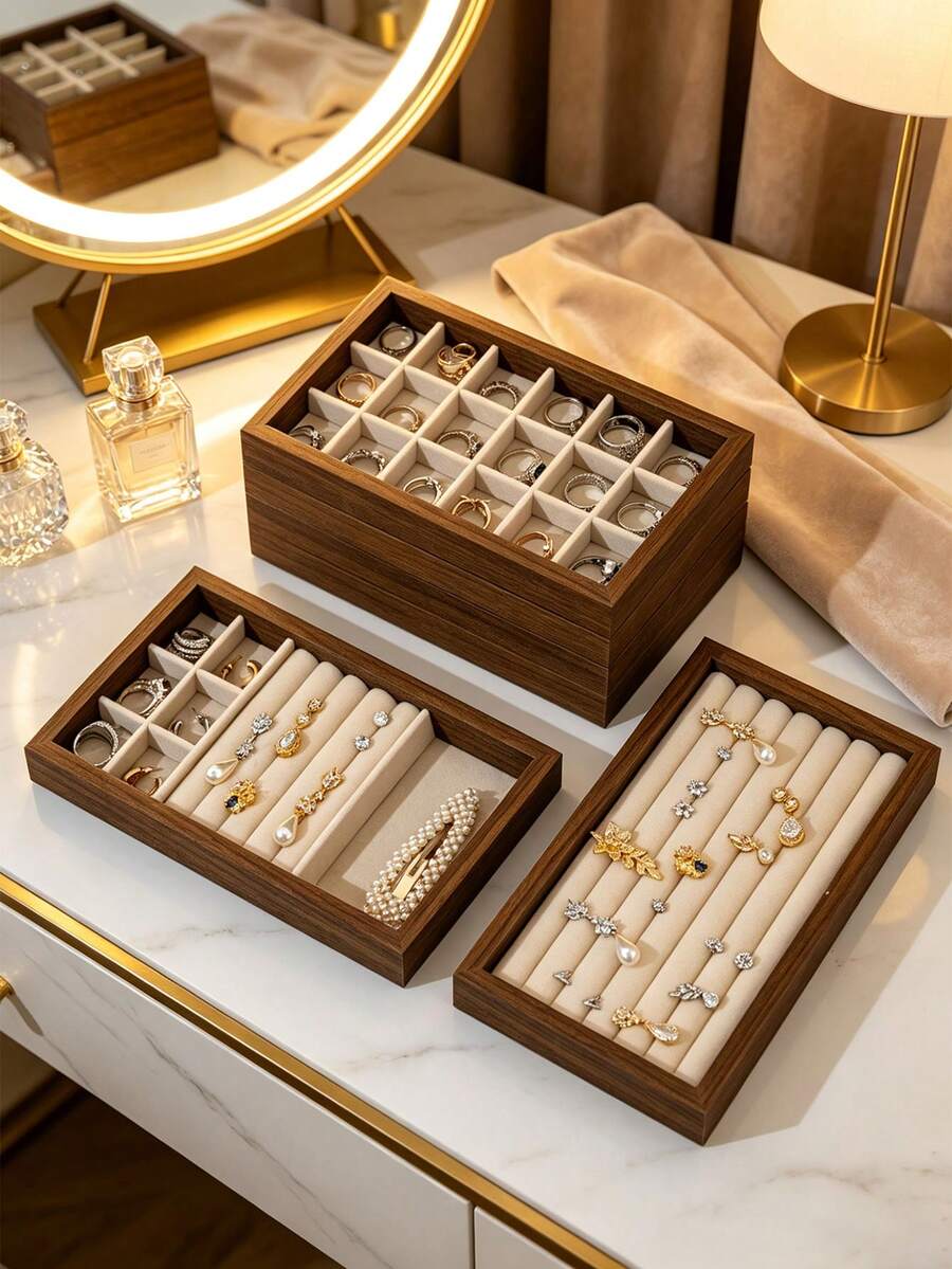 1pc Wooden Velvet Jewelry Tray, Jewelry Storage & Display Tray, Drawer-Style Earring Storage Box, Stackable Jewelry Storage Tray
