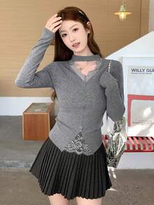 Korean Style Elegant Lace Patchwork V-Neck T-Shirt Women Spring Autumn Sweet Hot Girl Top - Grey - View 7