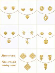 Women's Stainless Steel Jewelry Set, Textured Shell Starfish Heart Square Earrings And Pendant Necklace, Beach Accessories, Suitable For Party And Daily Wear Gift - Gold - View 12